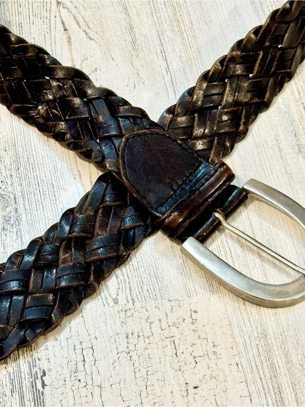 Vintage Leather Brown Distressed Braided Solid Brass Silvertone Buckle India M/L